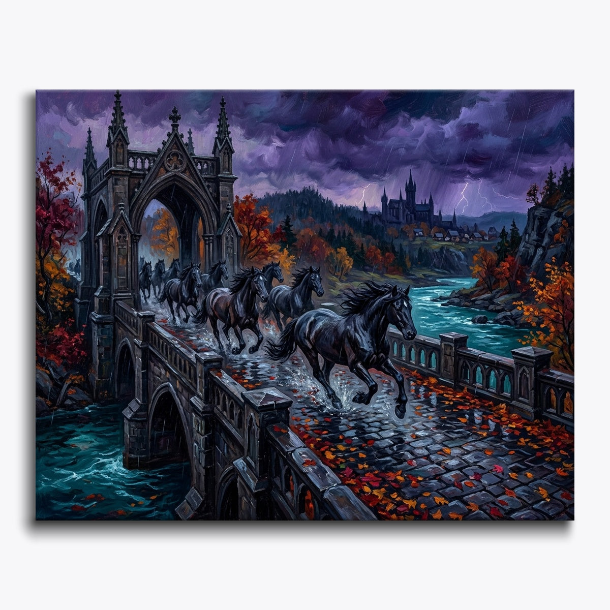 Horses Galloping Over Gothic Bridge
