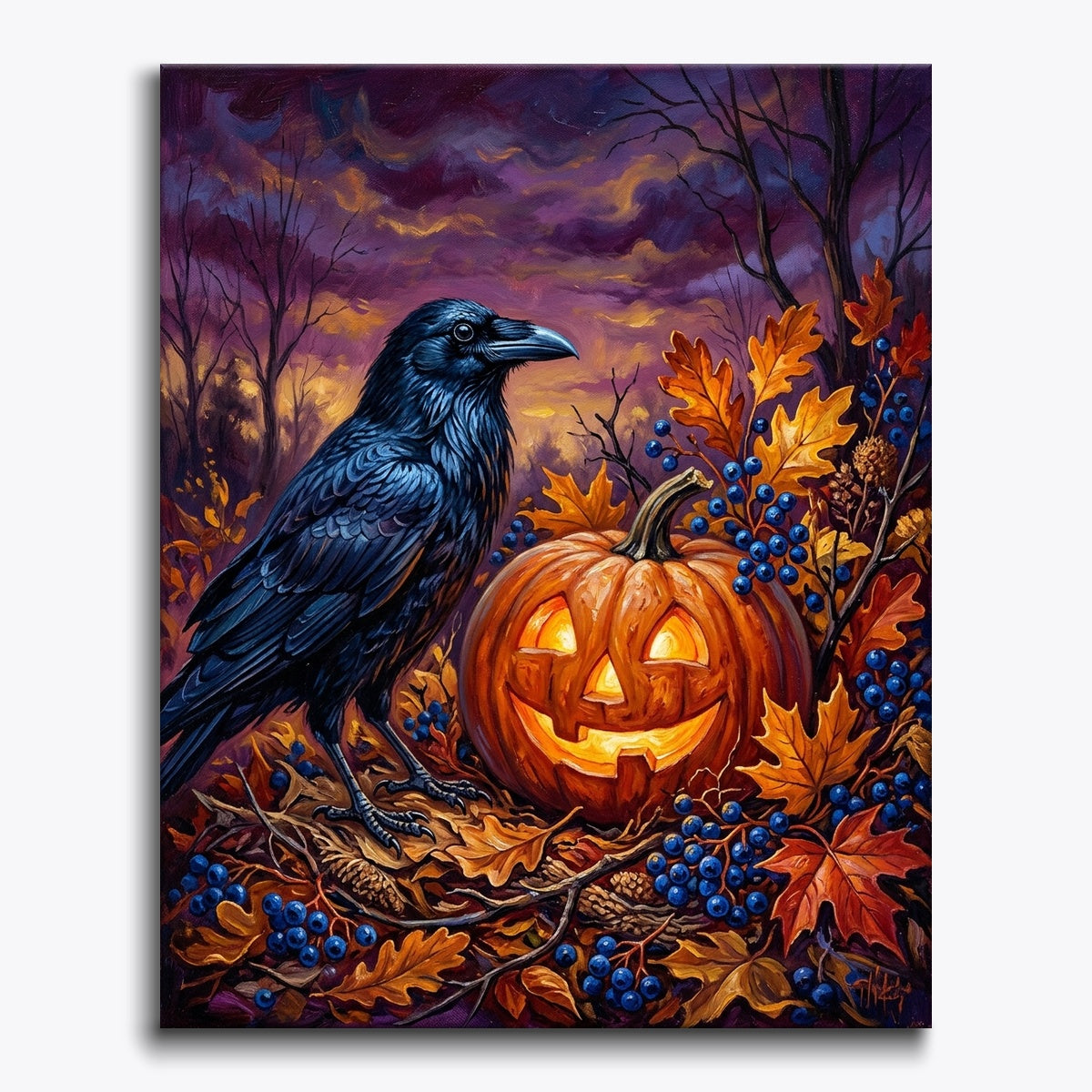 Raven Beside Glowing Pumpkin