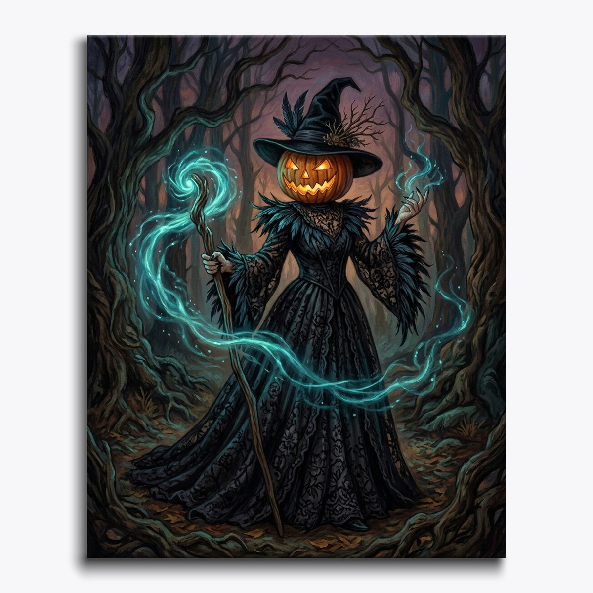 Pumpkin-Headed Witch In Forest