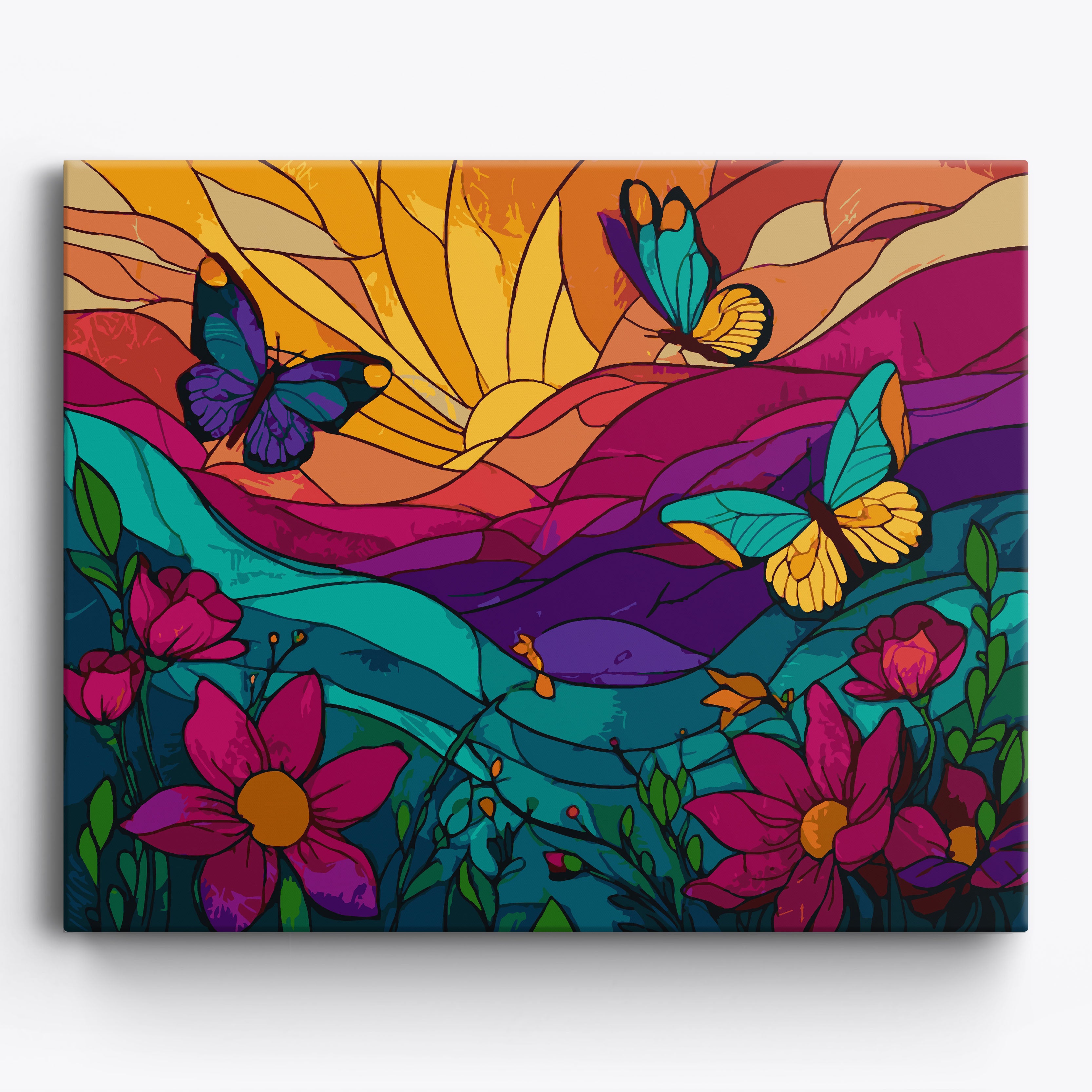 Stainedglass Butterfly Flowers Framed / 50x40cm