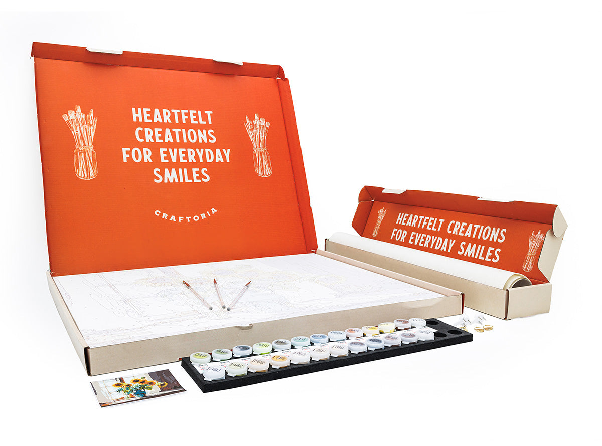 Open Craftoria paint-by-number kit with numbered canvas, paints and brushes