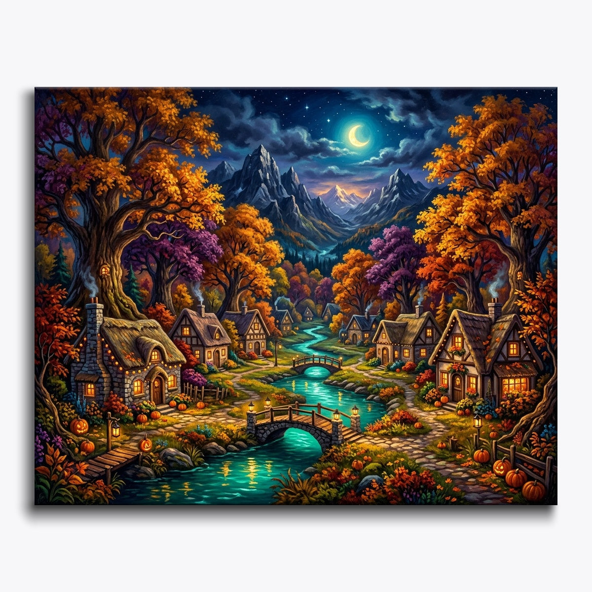 Cottage Village Under Moonlight