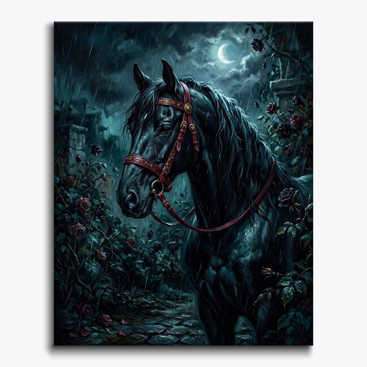 Black Horse In Moonlit Rain